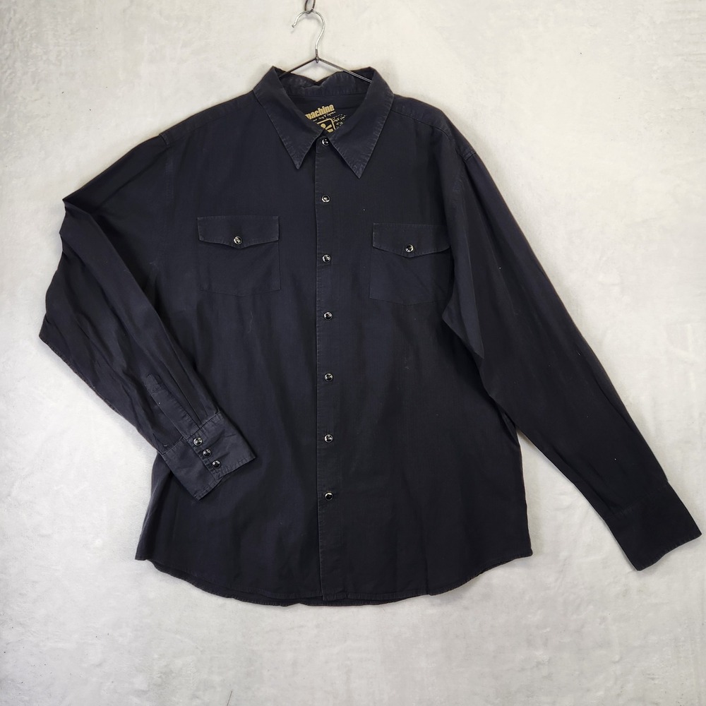 Machine Mens XL Vintage Y2K Pearl‎ Snap Shirt Black Graphic Back Long Sleeve